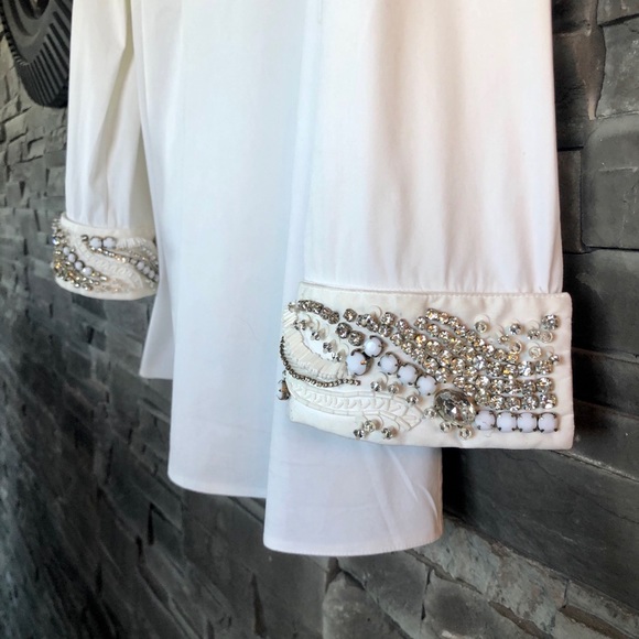 Prada white cotton blouse crystal cuffs - Picture 2 of 9
